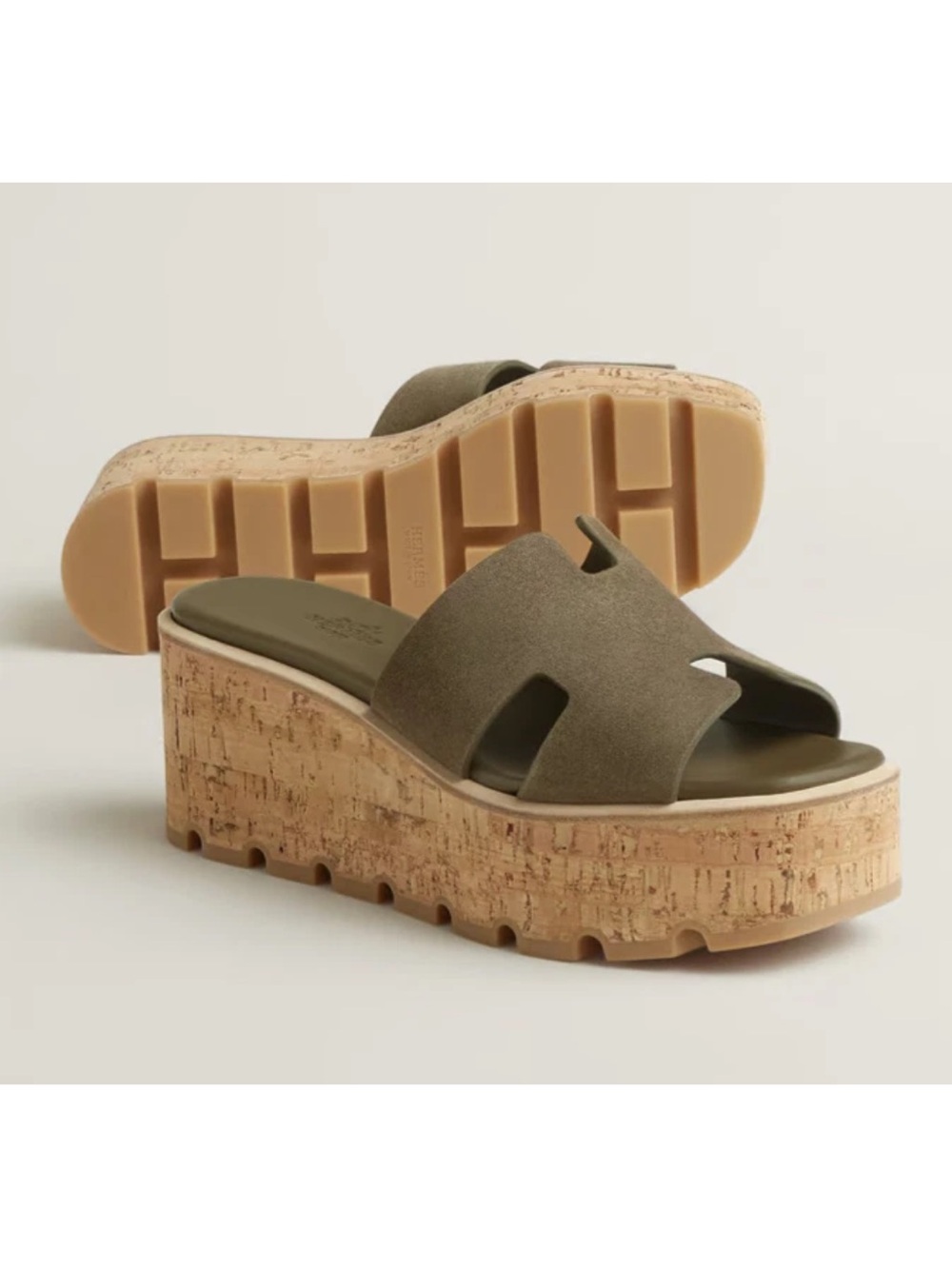 NEW! HERMÈS Eze 30 Cork Suede Platform Sandal in Vert Toundra Size 39 (US 9)